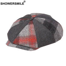 SHOWERSMILE Red Plaid Patchwork Newsboy Cap Wool Winter Hats for Women Men Octagonal Cap Tweed British Style Flat Cap Beret 2024 - buy cheap