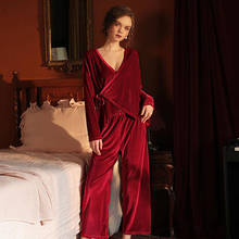 Pijama de terciopelo con cuello en V profundo para mujer, conjunto de dos piezas para el hogar, ropa de dormir femenina con cordones, color rojo, FG321, 2021 2024 - compra barato
