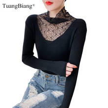 2021 Autumn Sexy Lace Turtleneck Long Sleeve Pullovers Women Winter Hollow Out Slim Sweater Lady Floral Mesh Deep V-Neck Jumpers 2024 - buy cheap