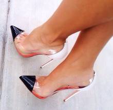 Zapatos de tacón alto para mujer, calzado Sexy transparente de PVC, con punta puntiaguda de retales, para vestido de banquete, color negro y rojo 2024 - compra barato
