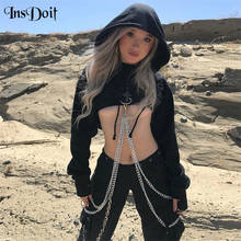 InsDoit Harajuku Streetwear Black Hoodies Gothic Punk Metal Chain Patchwork Hoodies Sexy Women Autumn Long Sleeve Cropped Tops 2024 - buy cheap