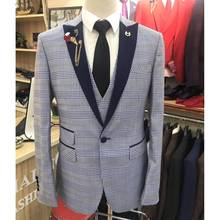 Ternos masculinos xadrez cinza mais recente, 3 peças, roupa de noivado para negócios, casamento, jaqueta, blazer, calça, conjunto, 2020 2024 - compre barato