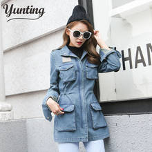 Womens Blue Denim Jacket Turn-down Collar Chain Jeans Jacket pocket Coat Oversize Coats Jeans Jackets Women Outerwear Coats 2021 2024 - buy cheap