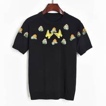 Elegant Knitted T Shirt Women 2020 Summer Thin Pullover T-shirt 3D Butterfly Glitter Flowers Short-Sleeved Sweater Tee Lady Tops 2024 - buy cheap