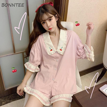 Pajama Sets Pink Sweet Patchwork Ruffles Casual Lovely Cherry Design Two Piece Fashion Summer Feminine Sleepwear Simple Chic New 2024 - buy cheap