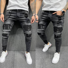 Jeans masculino skinny, rasgado, com zíper, hip-hop, casual, estampa, monogramado, 2020 2024 - compre barato