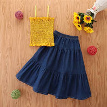 2Pcs Personalized Little Girls Outfit, Sweet Style Solid Color Stringy Sleeveless Suspender Top + Long Denim Skirt Set 2021 2024 - buy cheap