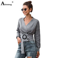 Women Crop Top Sweaters Autumn 2020 Casual Sashes V-neck Lace-up Cris Cross Knitted Sweater Femme Winter Warm Clothes Cardigans 2024 - buy cheap