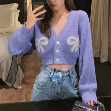 Purple V-neck short sweater 2020early autumn sea Mohair knitted cardigan exposed navel sweater women bow sequin design 2024 - buy cheap