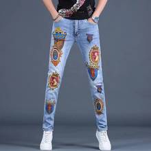 Frete grátis novo calça jeans masculina estação europeia alta qualidade estampado estilo americano slim casual calças de verão 2020 2024 - compre barato