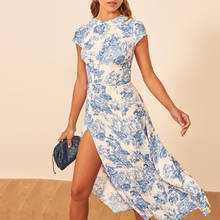 Vestido chiffon feminino de verão, azul e branco, estampa floral, elegante, vestido vintage, mulheres, sem fenda, midi, sexy 2024 - compre barato