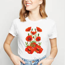 Camiseta aquarela com estampas florais, pipoqueiras vermelhas, branca, hipster, mulheres, camisetas casuais, top, camisetas curtas fofas para meninas 2024 - compre barato