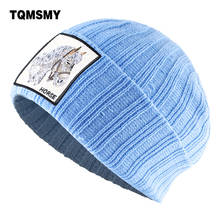 TQMSMY Warm Knitted Hats For Men Winter Knitting Solid Color Skullies Beanies With Embroidery Horse Patch Streetwear Hip Hop Hat 2024 - buy cheap