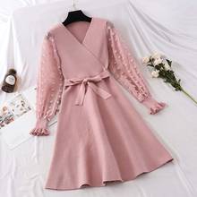 Autumn New Women Vintage Knitted Cotton V-neck Drawstring Sashes Swing Dresses Ladies Long Mesh Lantern Sleeve A-line Slim Dress 2024 - buy cheap