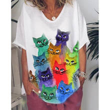 2021 Harajuku Chic Female Tops Casual V-Neck Cat Print Short Sleeve Tee Graphic Summer Oversized Shirts For Women Mujer Clothing 2024 - buy cheap