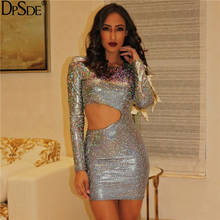 DPSDE Hollow Out Sequins Bandage Mini Women Dress Autumn Full Sleeve Elegant Dress New 2020 Night Club Bodycon Sexy Gray Dress 2024 - buy cheap