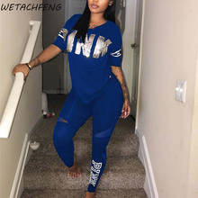 2021 New Blue Tracksuits PINK Letter Print Sports Suit Summer V Neck Tops And Sweatpants Two Piece Sets Plus Size Women Clothing 2024 - buy cheap