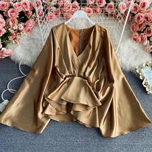 Women's Spring Autumn Runway Fashion Ruffles Satin Shirt Female V Neck High Waist Casual Blouse Tees Tops TB1598 2024 - buy cheap