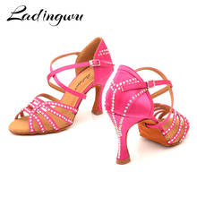 Ladingwu Pink Red Shoes Wonan  Satin Latin Dance Shoes Salsa Red pomegranate Rhinestones Soft Bottom Ballroom Dance Shoes 2024 - buy cheap
