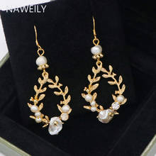 2020 New Vintage Gold Color Leaves Baroque Pearl Drop Earring Women Romantic Flowers Handmade Genuine Freshwater Pearl Earrings 2024 - buy cheap