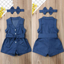 Toddler Kids Baby Girls Clothes Denim Button Bandage Sleeveless Turn-down Collar Romper Bow Solid Headband 2PCS Lovely Outfits 2024 - buy cheap