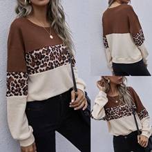 1pc Ladies Tops Fashion stripe leopard Wild print round neck long sleeve stitching loose Casual Sweatshirts hauts Chandail c50 2024 - buy cheap