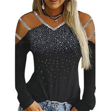 Hot Style Fashion Summer T-shirt European And American V-neck Off-the-shoulder Tops Rhinestone Long-sleeved Slim Women's T-shirt 2024 - buy cheap