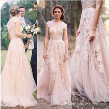 Hot Blush Lace Wedding Dresses V Neck Cap Sleeves Reem Acra Puffy Bridal Gowns Vintage Country A-line Floor  Wedding Gowns 2024 - buy cheap