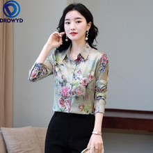 Fashion Green Floral Print Silk Satin Shirts Women Spring Autumn Long Sleeve Button Up Shirt Plus Size Tops Female blusas mujer 2024 - buy cheap