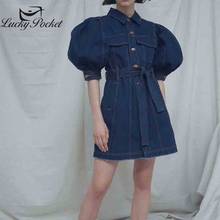 2020 Women Summer Fashion New Slim Denim Mini Dress Female Loose Casual Puff Sleeve Dresses Ladies Sashes Spliced Vestidos ML195 2024 - buy cheap