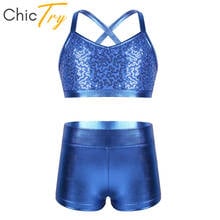 Chictry crianças brilhantes lantejoulas cintas de espaguete ballet ginástica shorts colheita topos roupa meninas palco desempenho tankini dança wear 2024 - compre barato