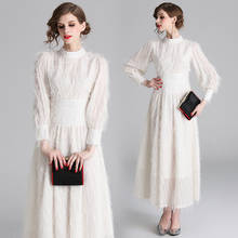 Vestido vintage de borla branca, feminino, cintura alta, manga lanterna, vestido longo, novo elegante, inverno 2024 - compre barato