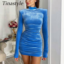 Tinastyle-vestido de terciopelo azul para mujer, prenda de cuello alto, manga larga, Sexy, ceñido al cuerpo, liso, básico, elegante, para fiesta y Navidad 2024 - compra barato