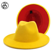 FS 2020 New Yellow Red Patchwork Wool Felt Jazz Fedora Hats Men Women Wide Brim Panama Cowboy Trilby Hat Party Elegant Cap 2024 - buy cheap