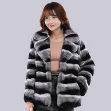 Natural chinchilla Rex Rabbit fur coat jacket short overcoat turn down collar striped outerwear coats  women's winter clothing 2024 - buy cheap