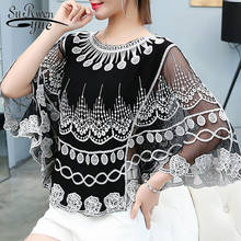 Women Lace One Size Shirt 2021 Summer O Neck Printing Lace Shirt Female Knit Hollow Flower Blouse Women Tops and Blouses 4015 2024 - buy cheap
