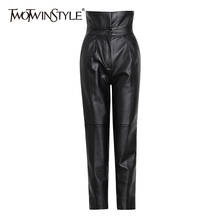 TWOTWINSTYLE High Waist PU Leather Pants For Women Black Solid Minimalist Harem Pant Female Fashion New Clothing 2020 Autumn 2024 - buy cheap