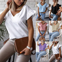 Camiseta feminina plissada, gola v solta, manga curta, roupas de verão 2024 - compre barato