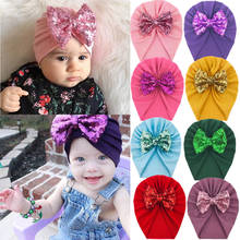18 pcs/lot Baby Girls Sequin Bow Turban Hats, Cotton Beanie Hat Caps For Newborn Baby Headwear 2024 - buy cheap