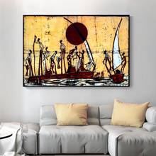 Pintura abstrata à óleo de paisagem, figura africana, barco, tela, pôsteres, impressões, quadros, arte, parede, imagem para sala de estar 2024 - compre barato