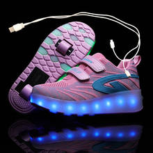 Детские розовые светящиеся кроссовки с двумя колесами; Черный светодиодный светильник; Обувь для катания на роликах; Детская обувь с подсветкой для мальчиков и девочек; Зарядка через USB 2024 - купить недорого