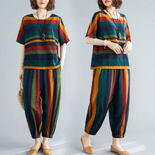 2Piece Sets Women Cotton Linen Outfits Fashion Stripe Short Sleeve O-neck Tops+Loose Harem Pants 2022Summer Casual Two Piece Set 2024 - buy cheap