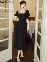 Романтичное французское платье SWEETXUE с квадратным вырезом, Черное женское платье с высокой талией в стиле ретро, шикарное женское платье 2024 - купить недорого