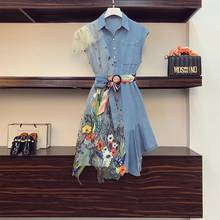 2021 Summer French Retro Woman Denim Dress Temperament Goddess Fan Embroidery Mesh Stitching Female Fashion Dress Vestidos 2024 - buy cheap