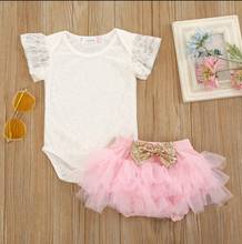 2pcs Set Baby Girl’s Clothes Set Fresh Solid Color Lace Short Sleeve Romper Bow Triangle Shorts Baby Clothing 2024 - buy cheap