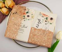 Convites de casamento para mulheres 50x, envelope de convite personalizado com glitter em ouro rosado, corte a laser, bolso, convite rsvp, chá de noiva de casamento 2024 - compre barato