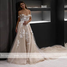 Luxury Champagne Wedding Dresses with 3D Flowers Lace Appliques Off the Shoulder A Line Bridal Gown Court Train Vestido De Noiva 2024 - buy cheap