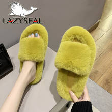 LazySeal Winter Hair Slippers Women Shoes Warm Long Faux Fur Flip Flops Flat Heel Home Plush Women's Furry Shoes Big Size 42 2024 - buy cheap