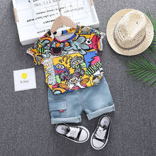 Conjunto de roupas de verão para meninos, 2 peças, manga curta + shorts jeans, roupa de desenhos animados para crianças 2024 - compre barato