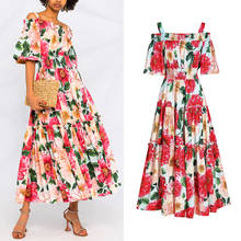 2021 Summer Designer Sphaghetti Strap Maxi Dress Women's Ruffles Off Shoulder Elastic Waist Floral Print Boho Party Long Dress 2024 - buy cheap